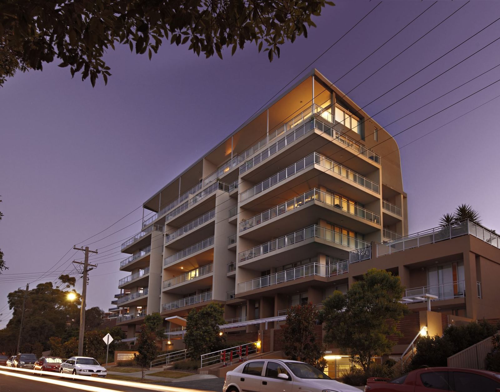 Equinox apartments, North Wollongong, at dusk