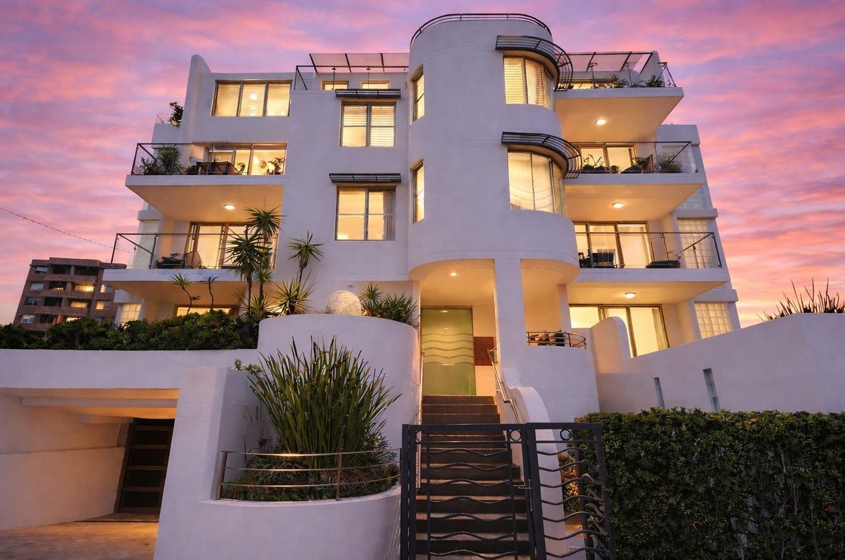 Kalimna beachfront units at dusk, Gerrale Street, Cronulla